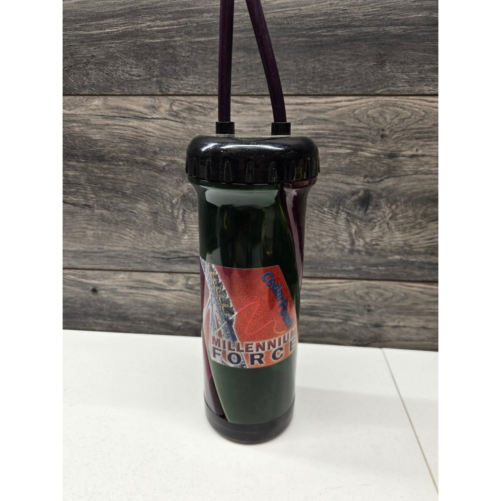 Cedar Point Millennium Force Souvenir Dual‎ Chamber Drink Bottle Two Straws vtg